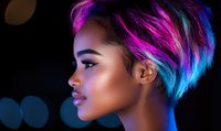 Young African American woman with vibrant multicolored hair in pink and blue tones, side profile portrait against dark background with bokeh lights, glowing skin and dramatic makeup.