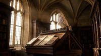 Medieval stone pulpit with ornate carved details in Gothic cathedral interior featuring ribbed vaulting, stained glass windows, and warm atmospheric lighting.