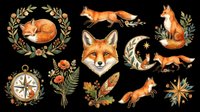 Watercolor fox clipart set with floral wreaths, compass, moon, and feathers, isolated on transparent background. Ready for stickers, t-shirt design, and print on demand.