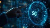 Futuristic holographic 5G network sphere with hand pointing at glowing blue digital interface, representing next generation wireless technology and connectivity.