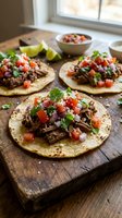 Shredded beef tacos with fresh pico de gallo, cilantro, and lime wedges served on corn tortillas for Mexican cuisine and food styling projects.