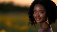 Young African American woman with natural curly hair and gold earrings smiling warmly at sunset, soft bokeh background with golden hour lighting creates dreamy atmosphere.