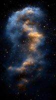Cosmic nebula with swirling blue gas clouds and golden stardust against dark space background, creating mysterious celestial formation amid scattered stars.