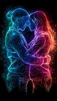 Glowing neon silhouettes of romantic couple embracing, outlined in vibrant blue and pink light against starry dark background, creating ethereal atmosphere.