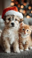Adorable puppy wearing Santa hat sitting next to orange kitten with warm bokeh lights creating festive Christmas holiday atmosphere for seasonal greeting cards.