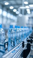 Plastic water bottles on industrial conveyor belt in manufacturing facility with blurred production line background and overhead lighting.