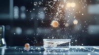 Effervescent tablet splashing into glass of water with dynamic water drops and bokeh lights creating atmospheric pharmaceutical composition.
