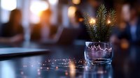 Glass with pine branch and stock market chart pattern on blurred business background with glowing lights and reflective surface, financial concept.