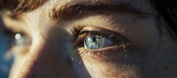 Extreme close up of bright blue eye with long eyelashes in dramatic lighting, showing intricate iris details and natural eye makeup. Artistic macro photography.