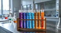 Colorful chemical solutions in test tubes arranged in wooden rack on laboratory bench for scientific research and experimentation in modern lab.