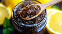 Fresh citrus body scrub with natural brown sugar and essential oils on wooden spoon, close up view with lemon slices in background for spa and skincare.