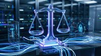Digital justice scales with glowing holographic interface in modern data center representing legal technology and cybersecurity compliance solutions.