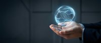 Businessman holding glowing brain hologram representing artificial intelligence, innovation, and digital technology solutions for corporate business and future concepts.