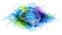 Digital brain with shield symbol surrounded by colorful watercolor splashes representing cybersecurity and data protection technology on white background.