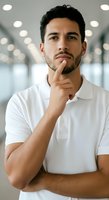 Young Hispanic male professional in white polo shirt posing thoughtfully with hand to face in modern office setting with blurred background lighting.