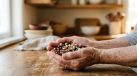 Senior adult hands holding mixed dried legumes and grains on wooden kitchen counter with shelves and cookware in background, representing healthy cooking and food preparation.