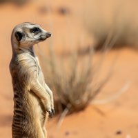 Alert meerkat standing upright in natural desert habitat with warm sandy background and sparse vegetation creating wildlife portrait.
