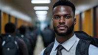Young African American male security guard in uniform standing confidently in modern office building corridor with professional lighting and corporate atmosphere.