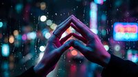 Hands forming heart shape with neon glow and digital bokeh lights, symbolizing love and connection in technology environment for romantic and tech-themed designs.