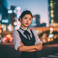 Young Asian businesswoman in formal attire standing confidently with crossed arms against blurred city lights at night for professional corporate concepts.