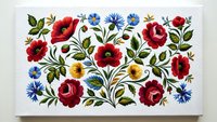 Folk art floral pattern with red roses, blue cornflowers and green leaves on white background. Traditional embroidery style botanical design for textiles.