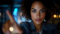 Young African American businesswoman in dark suit with curly hair looking confidently at camera in modern office with bokeh lights background at night.
