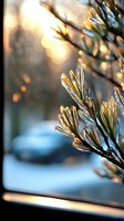 Frozen pine needles covered in ice crystals glisten in golden winter sunrise light against blurred snowy background, creating magical natural bokeh effect.