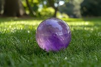 Purple amethyst crystal sphere on green grass lawn in sunlight, natural bokeh background creates magical atmosphere for spiritual and wellness concepts.