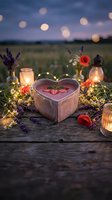 Romantic heart-shaped cake with candles and flowers on rustic wooden table at twilight for anniversary celebration or Valentine's Day dinner outdoors.