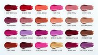 Lipstick color swatches collection featuring 24 shades from deep crimson to metallic purple, arranged in a grid for makeup palette reference and beauty design.