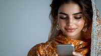 Young South Asian woman in traditional orange and silver bridal attire smiling while looking at mobile phone, soft lighting creates romantic atmosphere for wedding photography.