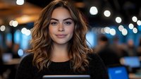 Young woman with long wavy chestnut brown hair and fair complexion wearing black sweater, standing in modern office or corporate environment with blurred bokeh lights in background.