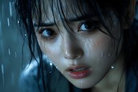 Young Asian woman with wet hair and face in dramatic blue lighting, raindrops falling around her, expressing intense emotion.