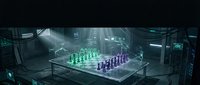 Futuristic chess game with glowing green and purple pieces in dark sci-fi laboratory setting with atmospheric lighting and industrial architecture.