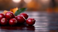 Fresh ripe cranberries with green leaves on dark wooden surface in warm lighting, macro food photography for harvest season and holiday cooking.