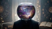 Surreal portrait of person with galaxy fishbowl head showing cosmic nebula and stars in mystical interior setting with warm bokeh lights.