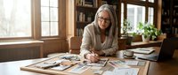 Middle-aged woman with gray hair and glasses, wearing a beige cardigan, reviewing design samples and sketches at a wooden desk in a bright, plant-filled home office with bookshelves and windows.