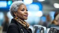 Confident mature African American businesswoman with gray hair smiling at airport terminal, professional travel concept for corporate and lifestyle use.
