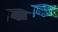 Digital transformation in education concept with graduation cap evolving from traditional to futuristic wireframe design on dark background.