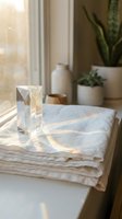 Crystal prism creating rainbow light reflections on white fabric stack near window with houseplants in minimalist home interior for meditation and wellness.