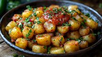 Golden roasted baby potatoes with herbs and spices in rustic cast iron pan, garnished with fresh parsley and red sauce, homestyle cooking.