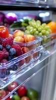 Fresh berries and fruits in transparent containers on refrigerator shelves, with raspberries, blueberries, grapes and cherries in focus. Food storage concept.