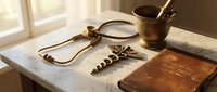 Vintage brass medical tools on marble surface, stethoscope, caduceus symbol, mortar and pestle, antique book in warm light.