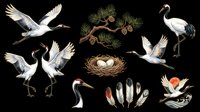 Red-crowned cranes set with pine tree, nest with eggs, feathers, and flying birds, isolated on transparent background. Clipart for t-shirts, stickers, sublimation, print on demand.