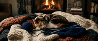 Kitten resting on cozy knit blankets near a fireplace, perfect for home comfort and pet lifestyle content.