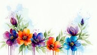 Watercolor floral border with vibrant purple, orange and blue flowers on white background. Artistic botanical design for spring decorations and crafts.