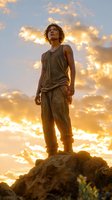 Young Asian man standing on rocky peak against dramatic golden sunset sky, wearing casual tank top and pants, looking up with hopeful expression.