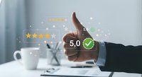 Businessman giving thumbs up with five star rating overlay showing excellent customer satisfaction and positive feedback in modern office setting.
