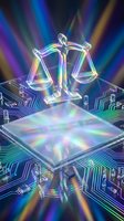 Digital justice scales with holographic rainbow effects on futuristic circuit board platform representing legal technology and artificial intelligence in law.