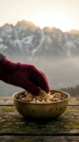 Person wearing burgundy knit gloves reaching into brass bowl of nuts with snow-covered mountains and golden sunrise in background, outdoor lifestyle and winter travel concept.